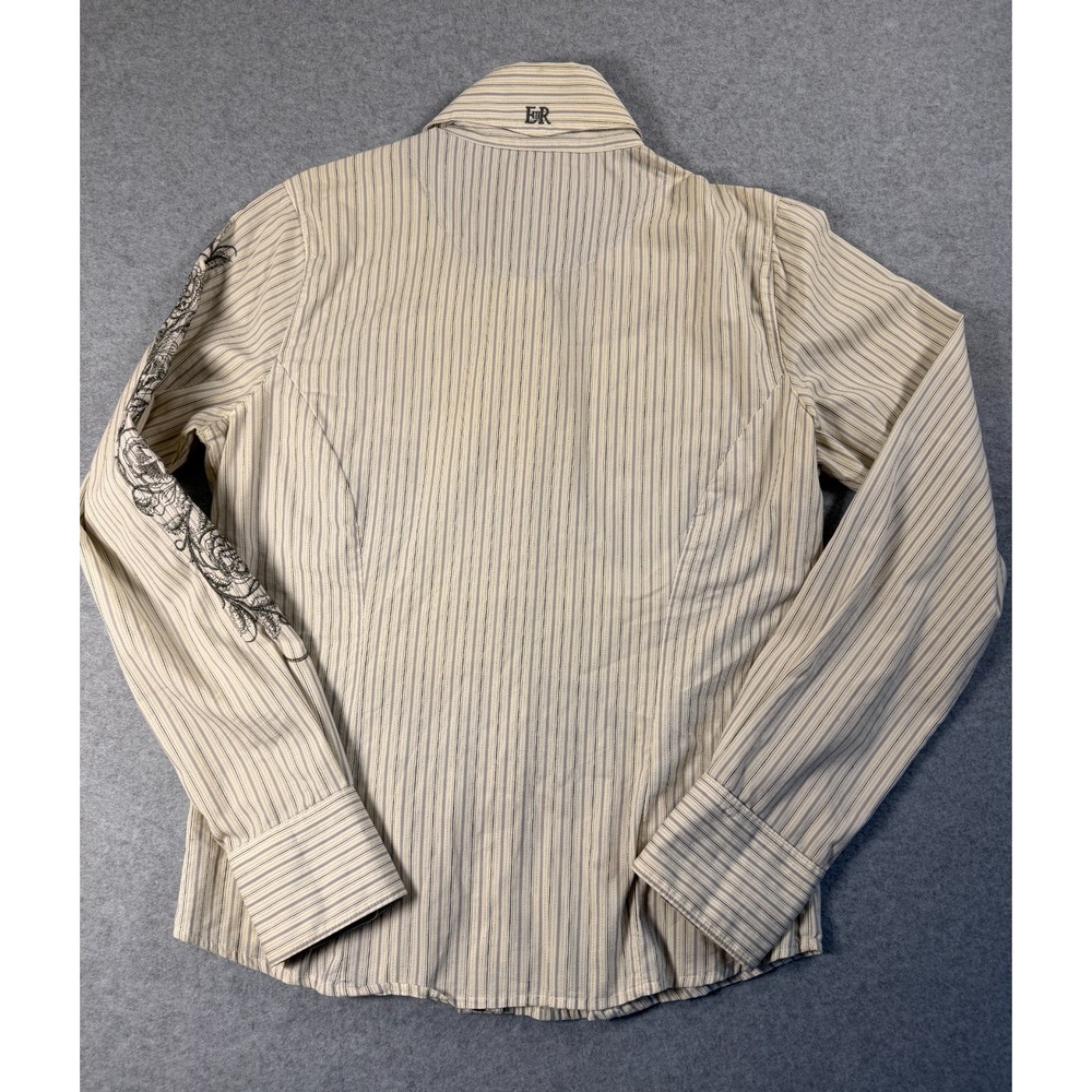 English Rose by EL Blouse Gray Stripe Long Sleeve Embroidered Cotton Sz L SKU242 - Picture 2 of 12